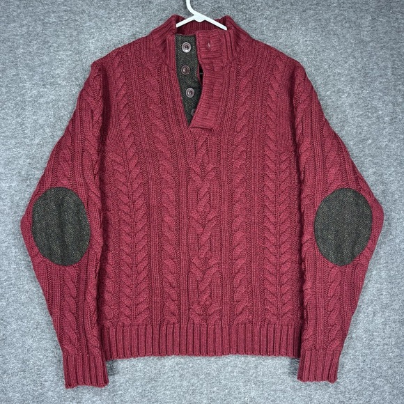 Alan Paine Other - Alan Paine Henley Sweater Mens XL Red Cable Knit English Explorer Elbow Patches
